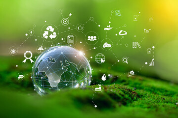 Glass globe in green forest with the icon environment of ESG, Organization Sustainable development...
