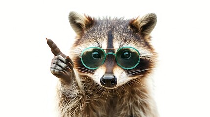 Obraz premium Funny raccoon in green glasses showing rock sign and standing on white background, isolated on white background, detailed, natural light, sharp focus, stock photography, professional color grading,