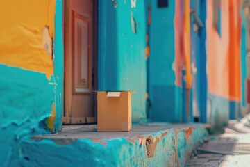 A small cardboard package awaiting pickup on a bright blue doorstep in a colorful alley.