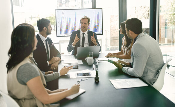 Business people, team and discussion with data on screen for sale metrics review, insights and planning. Meeting, speaking and finance or trading analytics for asset performance and profit management