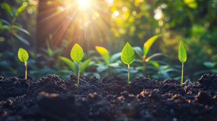 A seedling sprouting from rich soil, reaching towards the morning sunlight, symbolizing new beginnings.

