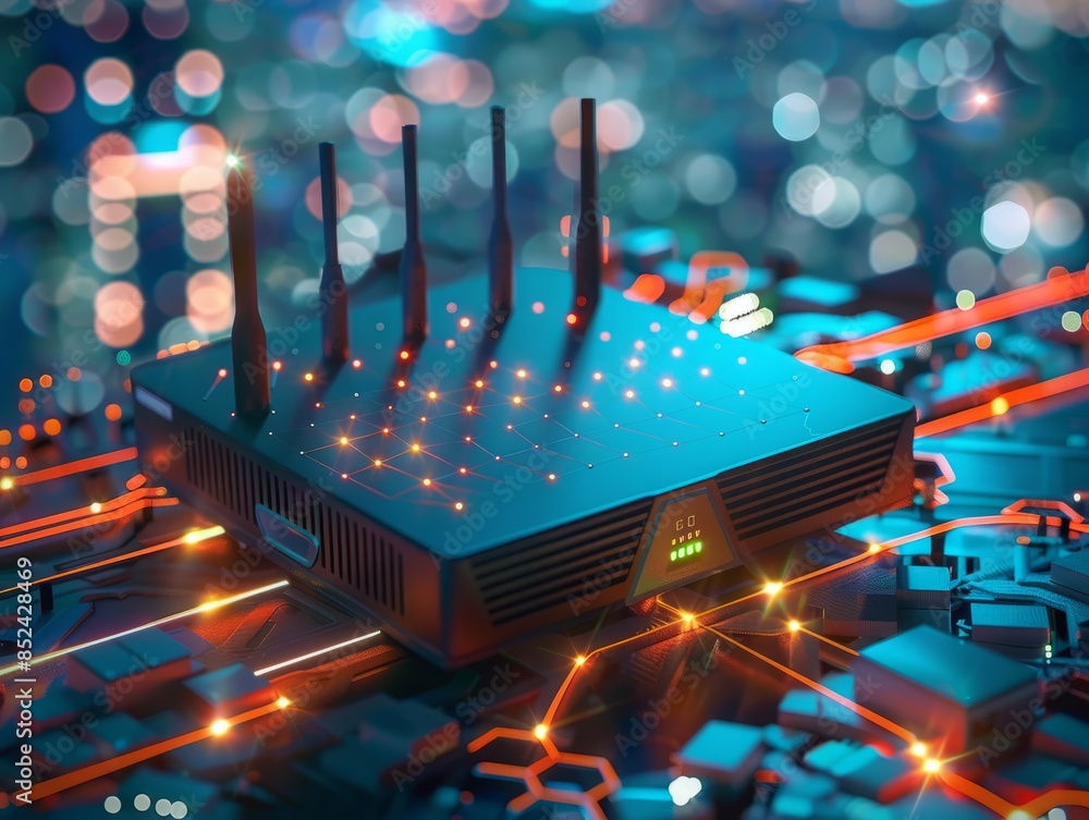 Poster understanding tech concepts: internet router, lan protocol, and network connectivity in the backgrou