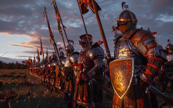 Jugger teams in a field, twilight, dynamic side view, intense teamwork, medieval-inspired gear