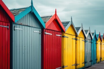 A row of vibrant red, yellow, blue, and gray beach huts stands under a wispy sky, evoking cheerful coastal vibes.