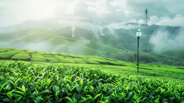 A weather station in a lush green tea field showcasing the integration of 5G technology for smart farming.

