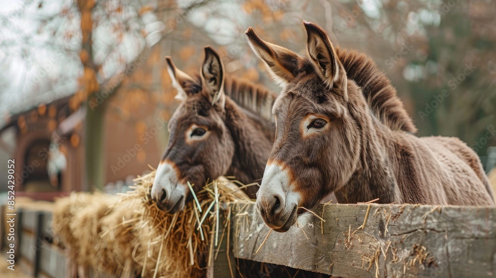 Sticker Donkeys munching on hay by the wooden fence