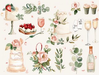 Wedding clipart, wedding icons, retro watercolor illustrations