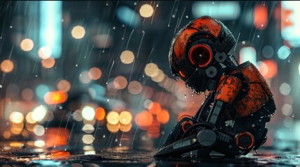 Fototapeta premium A lonely robot sits in the rain, pondering its existence.