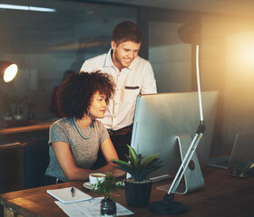 Business, woman and man on computer at night office for information, research and collaboration for...