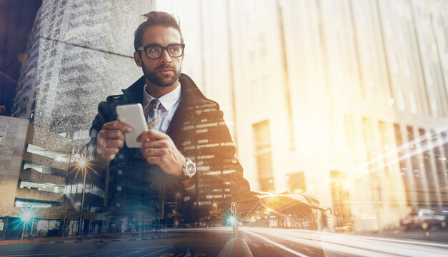 Businessman, overlay and city with phone, thinking and social media with urban road double exposure. Professional, idea and mobile networking with finance worker and cityscape with app and mockup - Powered by Adobe