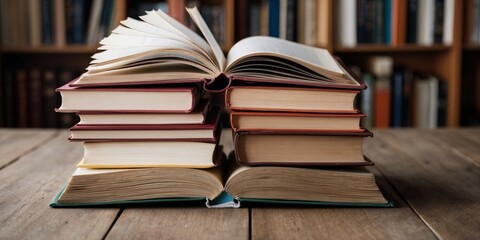 Fototapeta premium An inviting stack of open hardcover books with pages fanned out, symbolizing knowledge, education, and the love for literature
