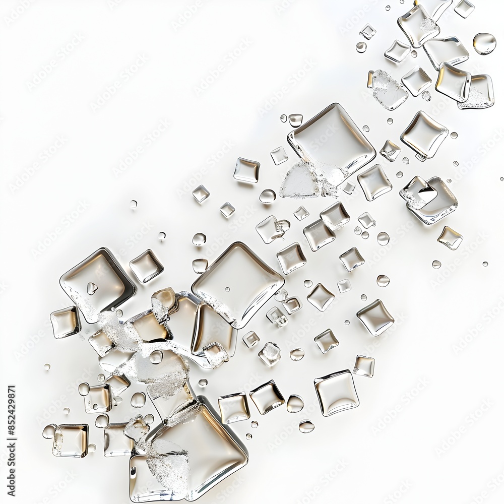 Poster abstract 3d rendered composition of geometric shapes and dew droplets on white background