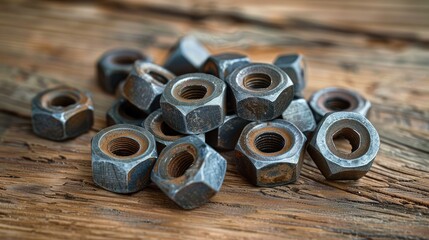 Metal nuts on wooden surface