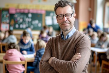 Fototapeta premium Smiling teacher standing confidently in a classroom filled with students. Conceptualize diverse education and learning. Perfect for educational materials and school promotions. Generative AI