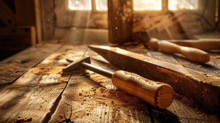 Carpenter tools on wooden table with sawdust