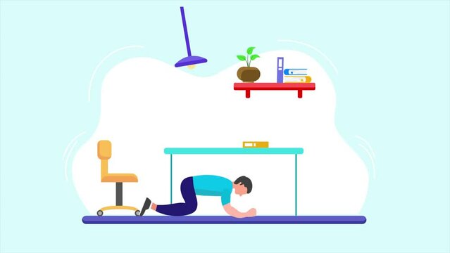 Earthquake safety concept. Full length animation illustration. High quality 4k footage.