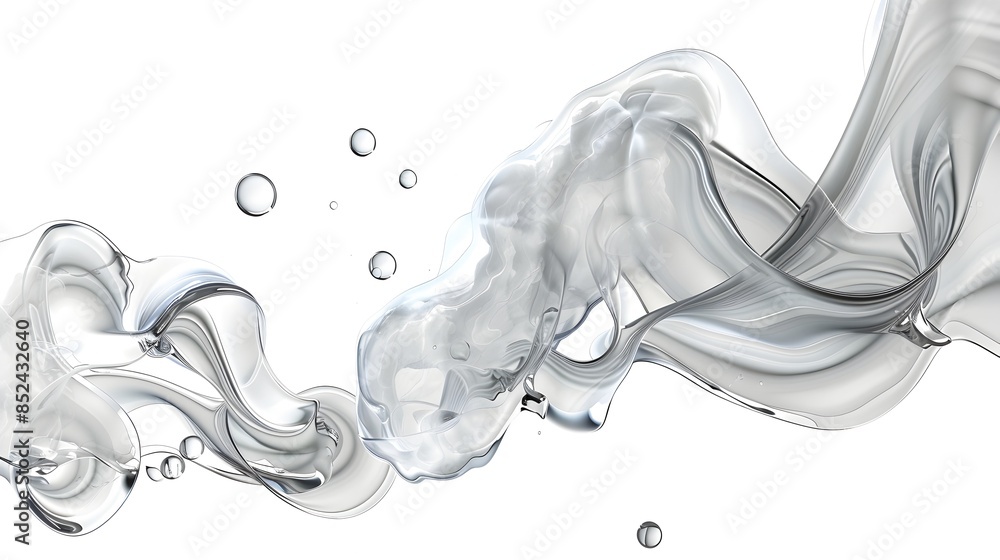 Poster ethereal vapor swirls with floating circular shapes on clean white background