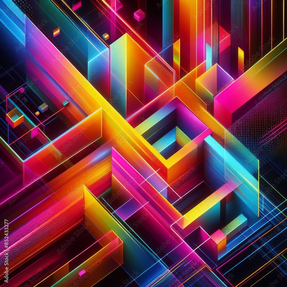 Poster a dynamic abstract composition featuring neon geometric shapes and vibrant color blocks. the vivid i