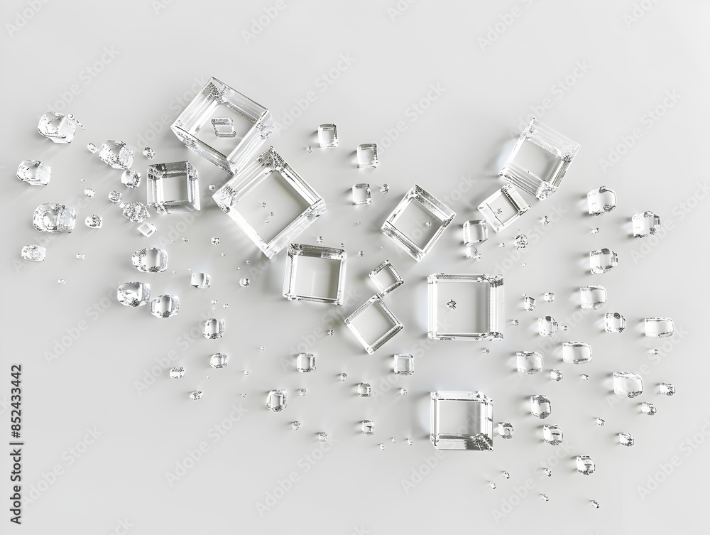 Poster harmonious geometric interplay: captivating 3d-rendered dew-inspired squares on pristine white backg
