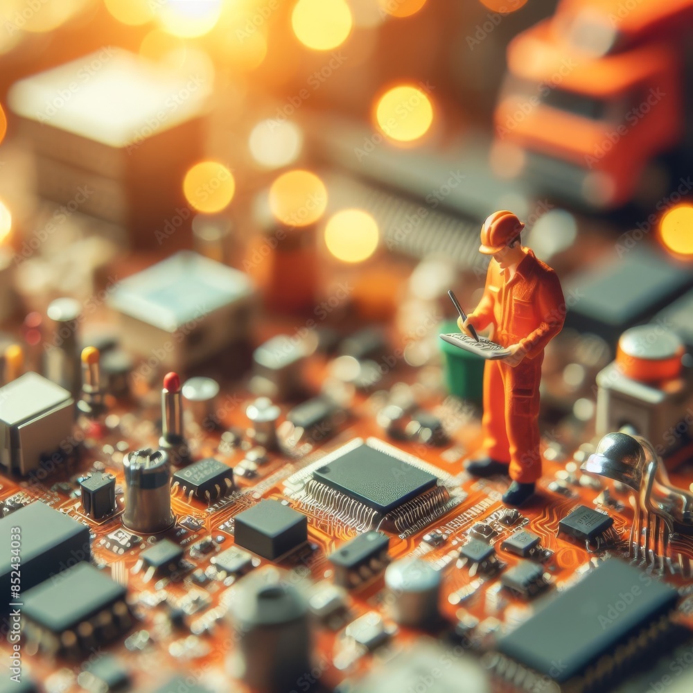 Poster close-up of a miniature worker figure inspecting a circuit board, symbolizing precision and technolo