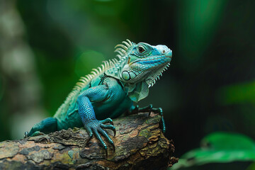 Obraz premium Green and blue colored lizard on a tree branch in a tropical rainforest, closeup photo with a blurred background. The green dragon has large wings for flight. A highly detailed portrait of an iguana, 