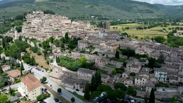 4K aerial footage of the ancient town of Spello in the province of Perugia in Umbria, Italy