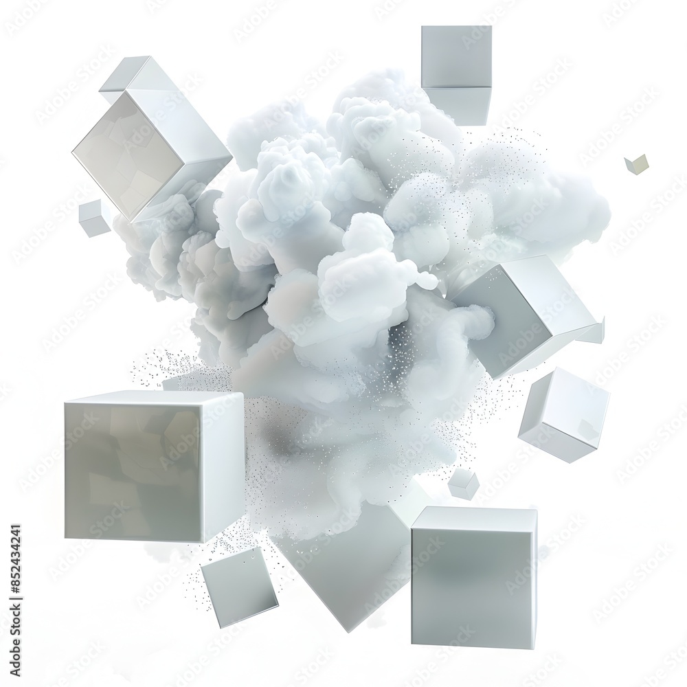 Poster minimalist 3d rendered condensation clouds with floating geometric shapes on isolated white backgrou