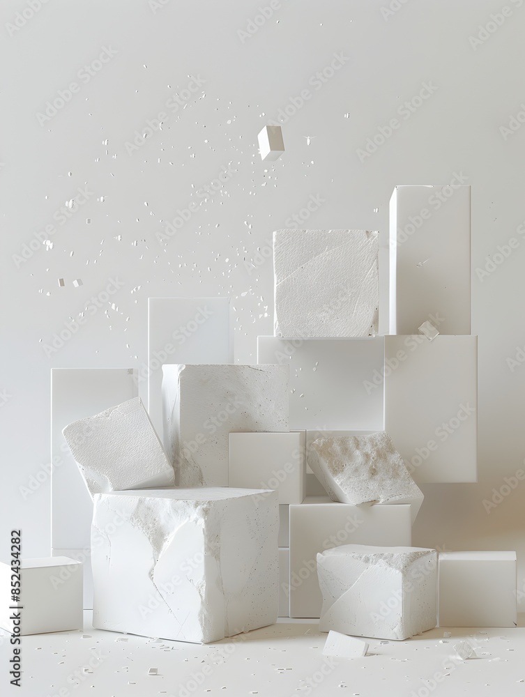 Poster minimalist 3d rendered geometric composition of textured cubes and squares on monochrome background