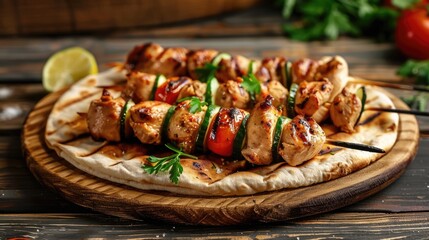 Chicken shish kebab served on lavash bread with fresh cucumber and tomato on a wooden table from a...