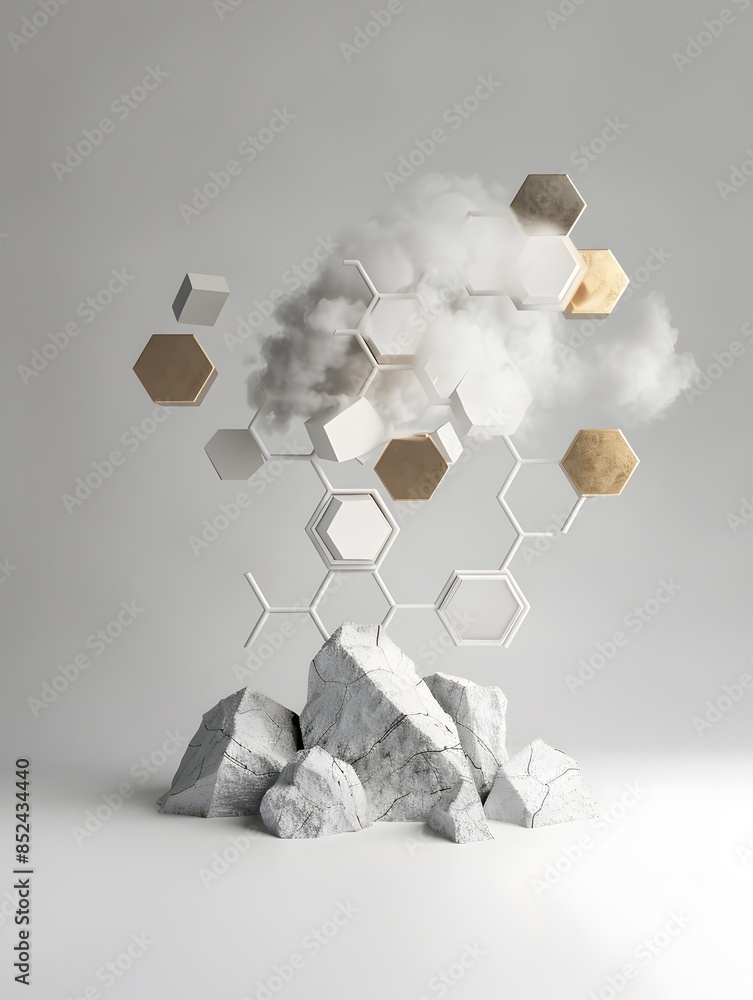 Poster minimalist abstract 3d rendered composition with hexagon shapes and cloudy atmosphere
