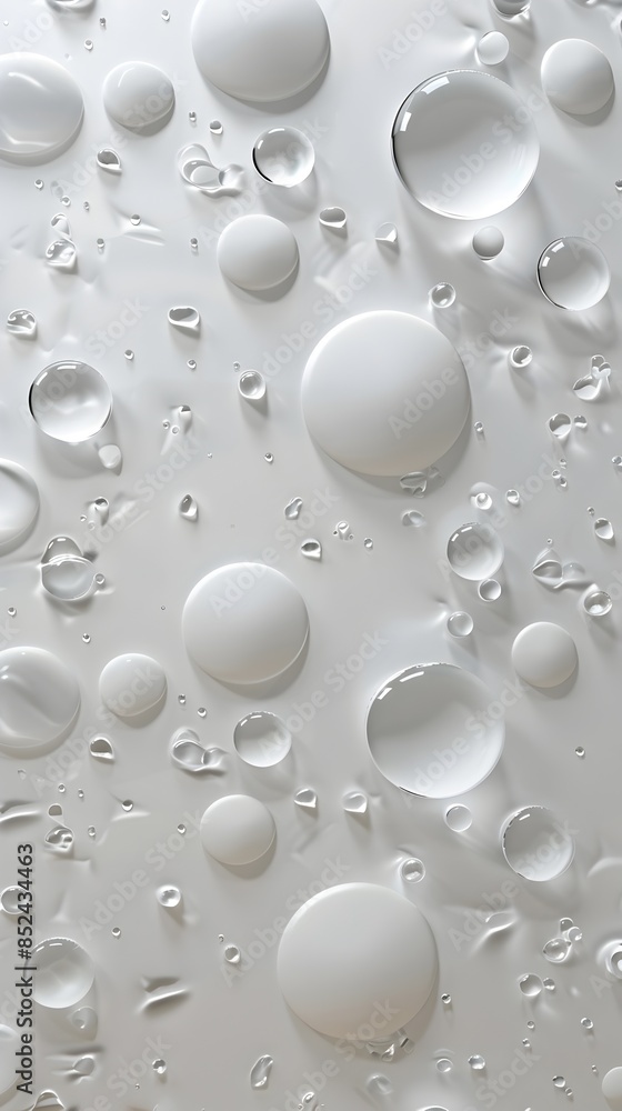 Poster minimalist abstract composition of floating orbs and droplets on clean white background