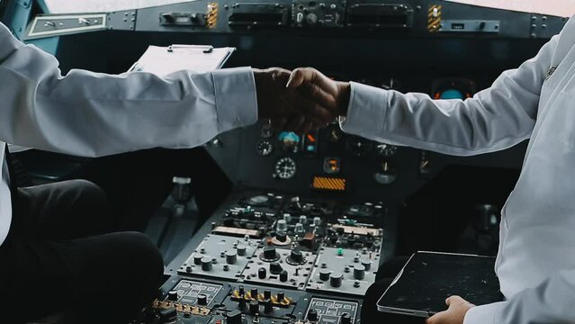 Young pilot man in uniform talking with business man about aviation businessn,startup,business team,people,Young caucasian pilot and businessman talking about Aviation business at the airport terminal