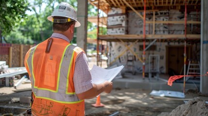 Obraz premium Contractor with Plans at Construction Site