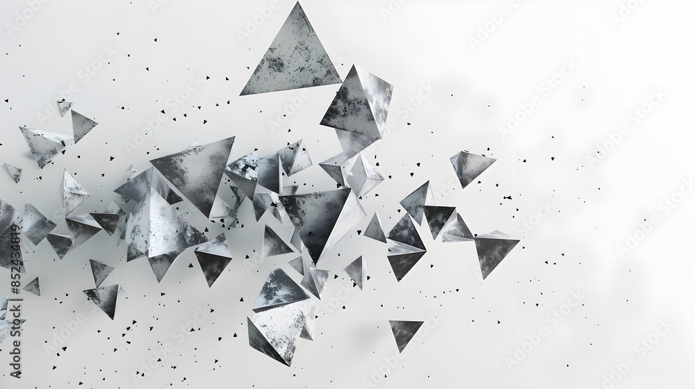 Poster Monochrome Fractal Explosion of Triangular Shapes in 3D Rendering on Isolated White Background