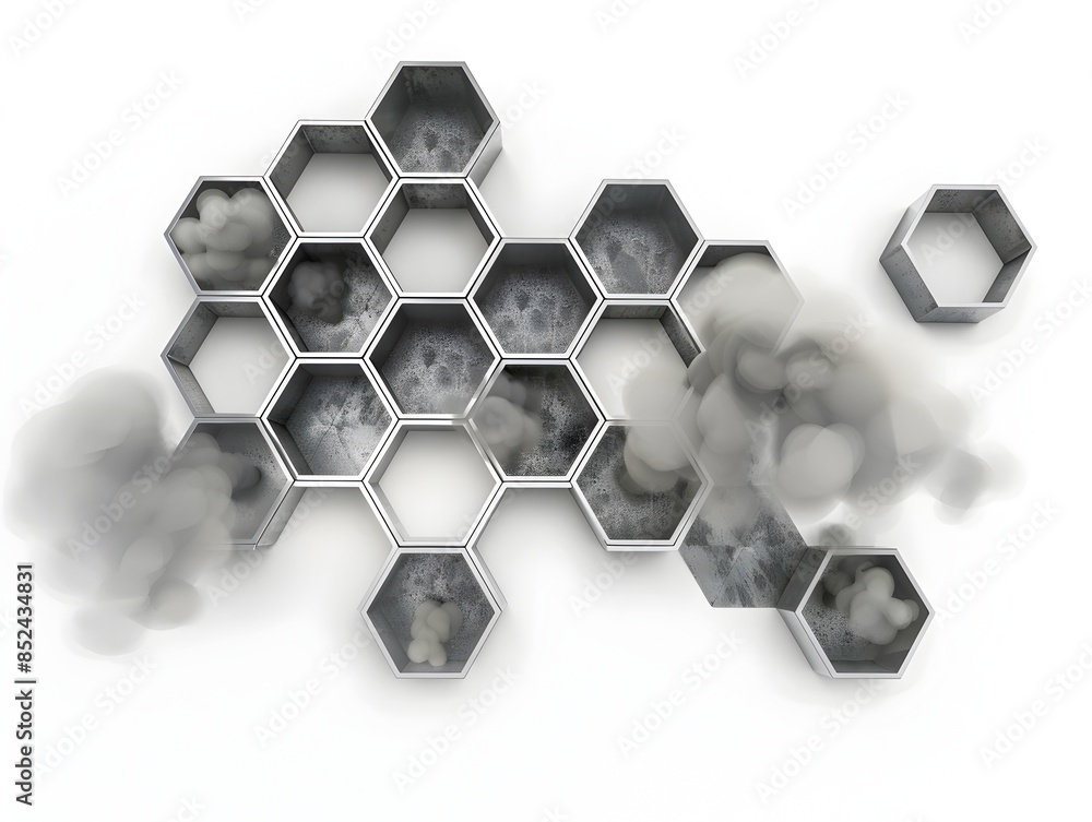 Poster monochrome hexagonal steam shapes architectural abstract digital rendering on white background