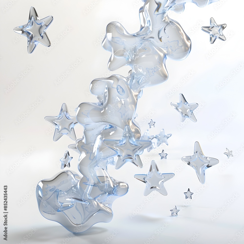 Poster otherworldly 3d rendered star shapes with translucent fluid forms on minimalist background