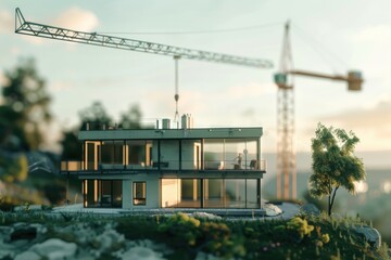 Fototapeta premium A highly detailed architectural model of a house set against a backdrop of a crane in the distance