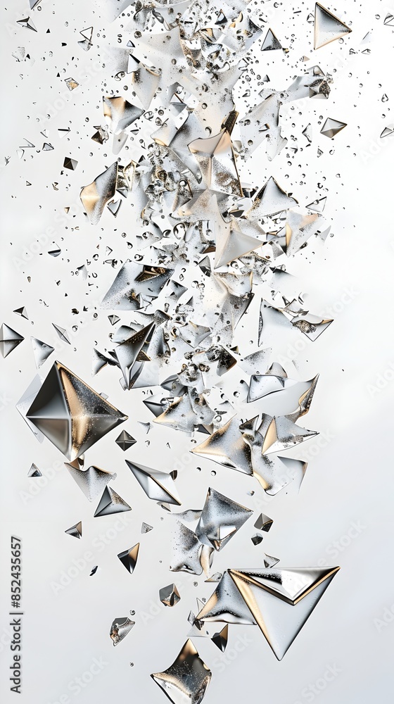 Poster shattering condensation:a 3d rendered abstract of geometric triangle shapes on a stark white backgro