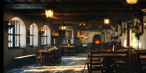 The interior of an old wooden tavern