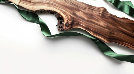 Elegant wooden table with hardwood and resin on white background with green ribbon
