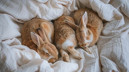 Close up top view family of rabbits sleeping together on cozy bed