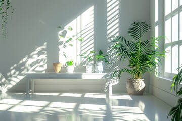 An elegant modern interior featuring a white table, potted plants, and sunlight casting beautiful shadows
