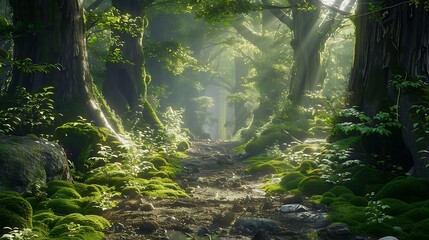 An old road through the green forest ancient trees moss and plants close up sunbeams through the tree trunks panoramic view very detailed and realistic shape