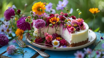 Close up of a cheesecake with flowers