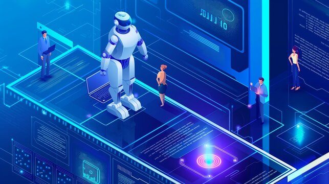 Isometric illustration of people working with a virtual AI robot and on a digital computer screen on a blue background. The vector illustration shows a laptop, data center server rack in a dark room. 