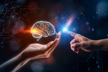 hand touching digital brain with robot hand, in a futuristic technological concept background.