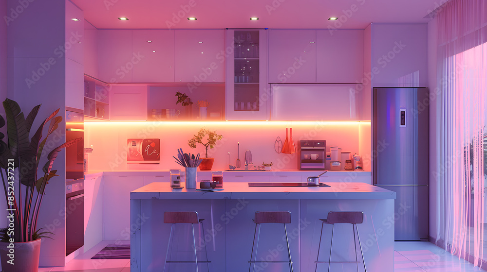 Wall mural Kitchen island in modern luxurious kitchen interior, neon light