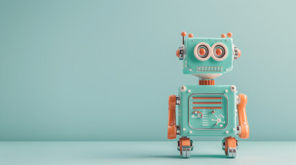 Naklejka premium A retro toy robot standing against a light teal background. The playful design and pastel colors give it a whimsical and nostalgic charm.