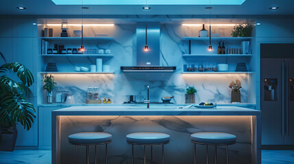 Kitchen island in modern luxurious kitchen interior, neon light