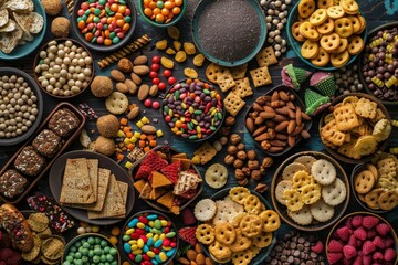 Assortment of various healthy snacks arranged on table, top view for nutrition concept